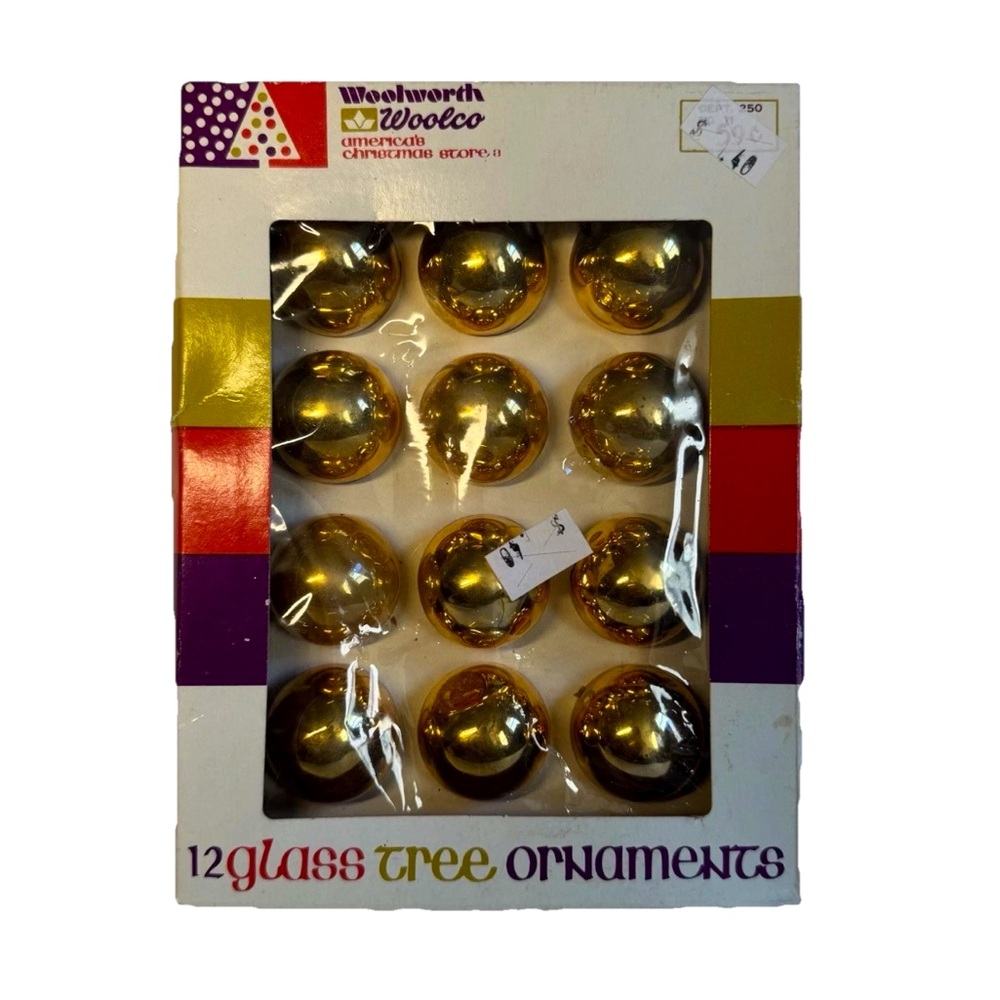 VTG Woolworth Woolco Glass Christmas Tree Ornaments Set 12 Gold 1” Boxed JAPAN
